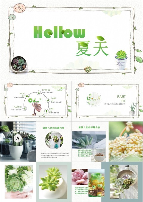 清新多肉背景你好夏天主题商务模板PPT