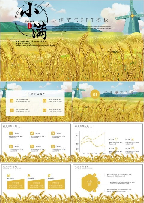 卡通黄金稻谷小满节气PPT模板