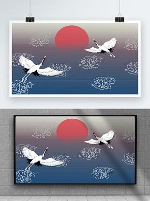 国潮来袭祥云丹顶鹤背景墙展板