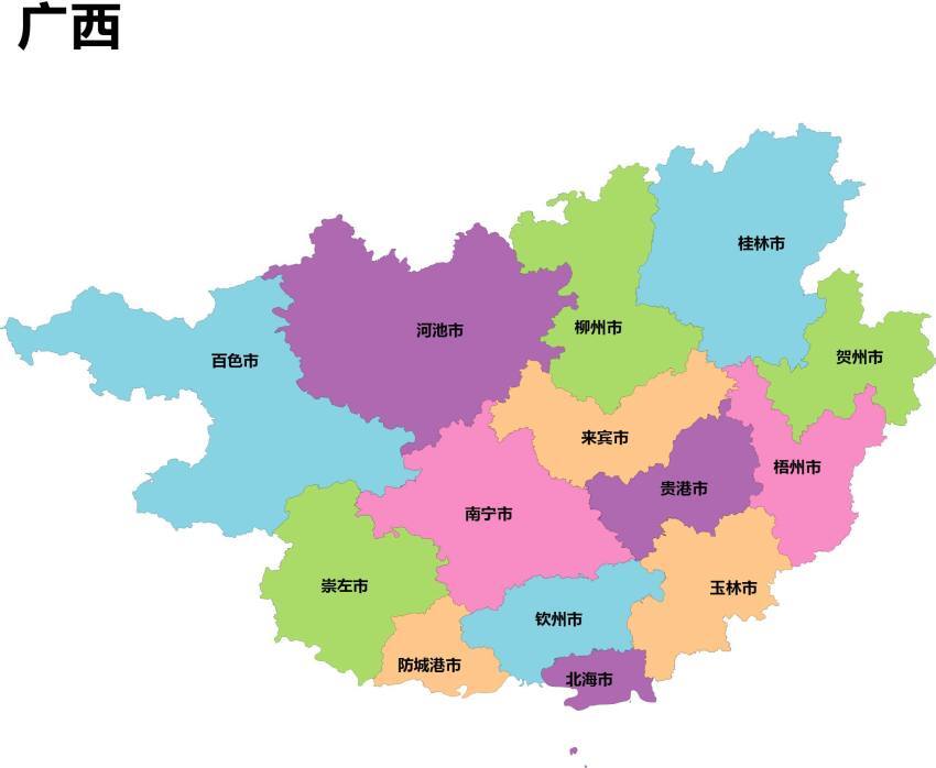彩色广西省矢量地图