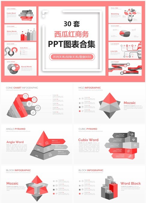 30套西瓜红商务PPT图表合集 - 动态层级与数据对比关系可编辑模板下载