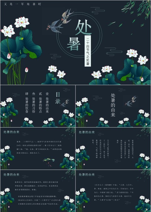 紫色荷花燕子元素节气处暑介绍PPT