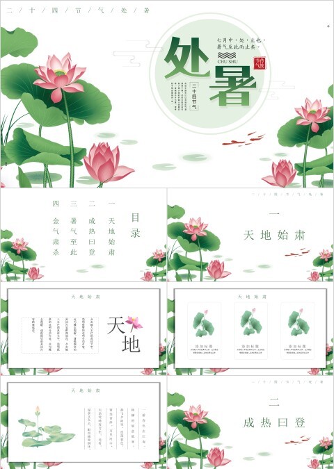 夏日荷花元素清新脱俗节气处暑PPT