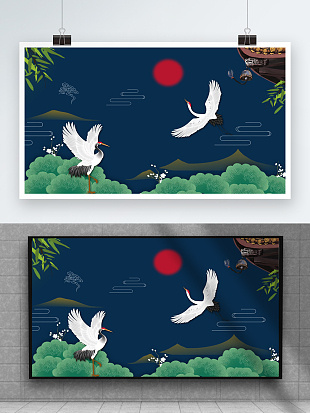 旭日松针仙鹤经典背景墙